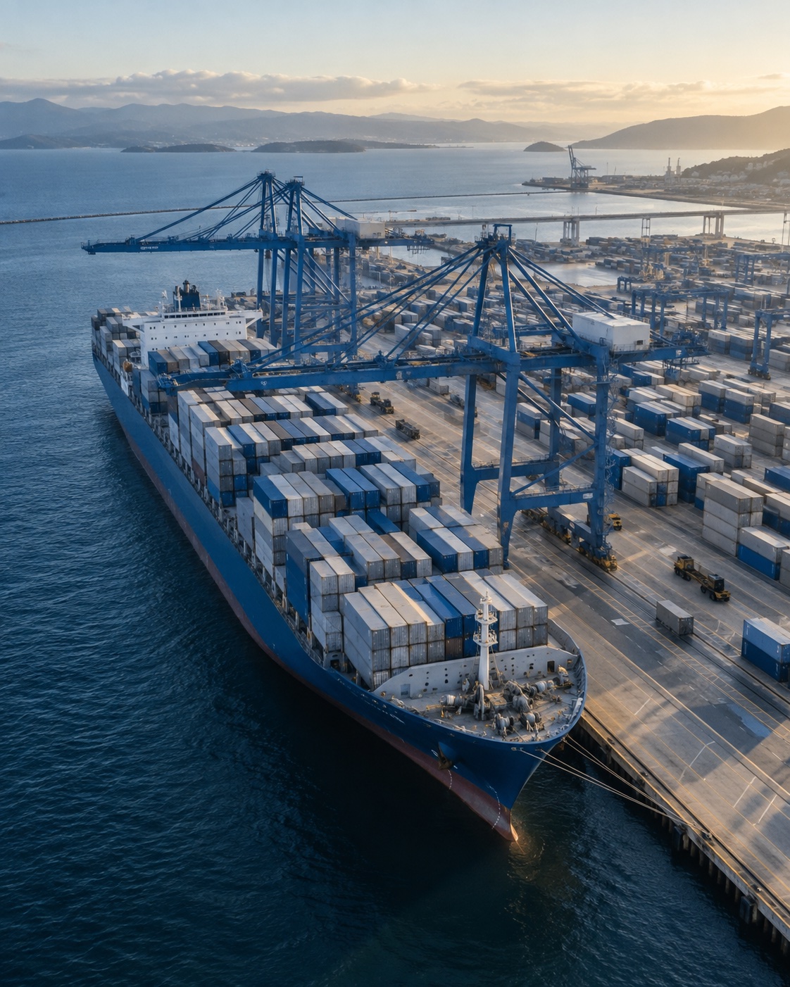 Illustrative container port and cargo ship